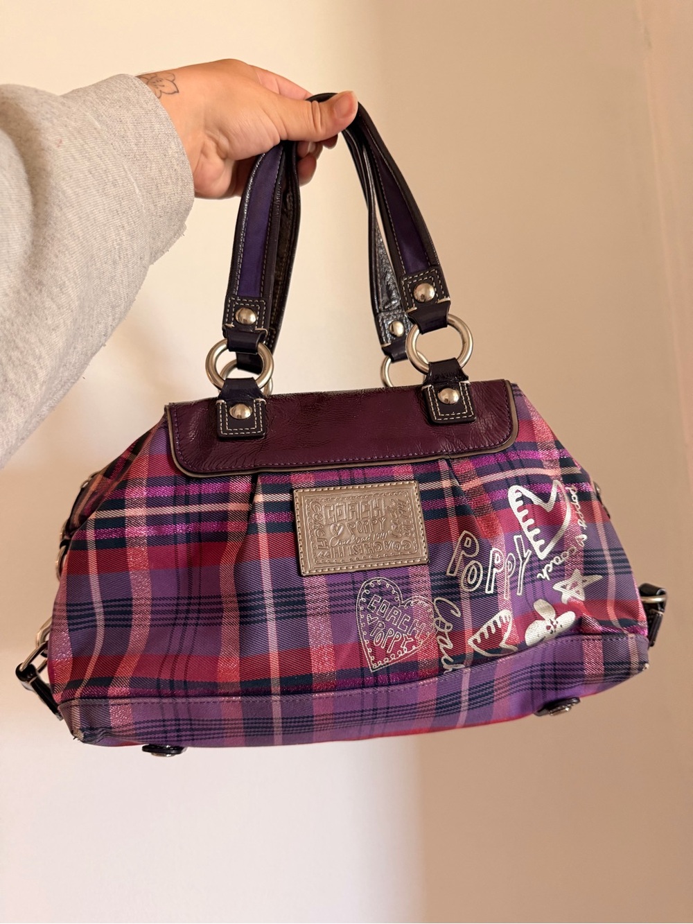Coach Purple Plaid Satchel with Graphic Accents